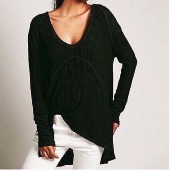 Free People Black Drippy Thermal Sunset Park Top Size Small - Picture 1 of 12
